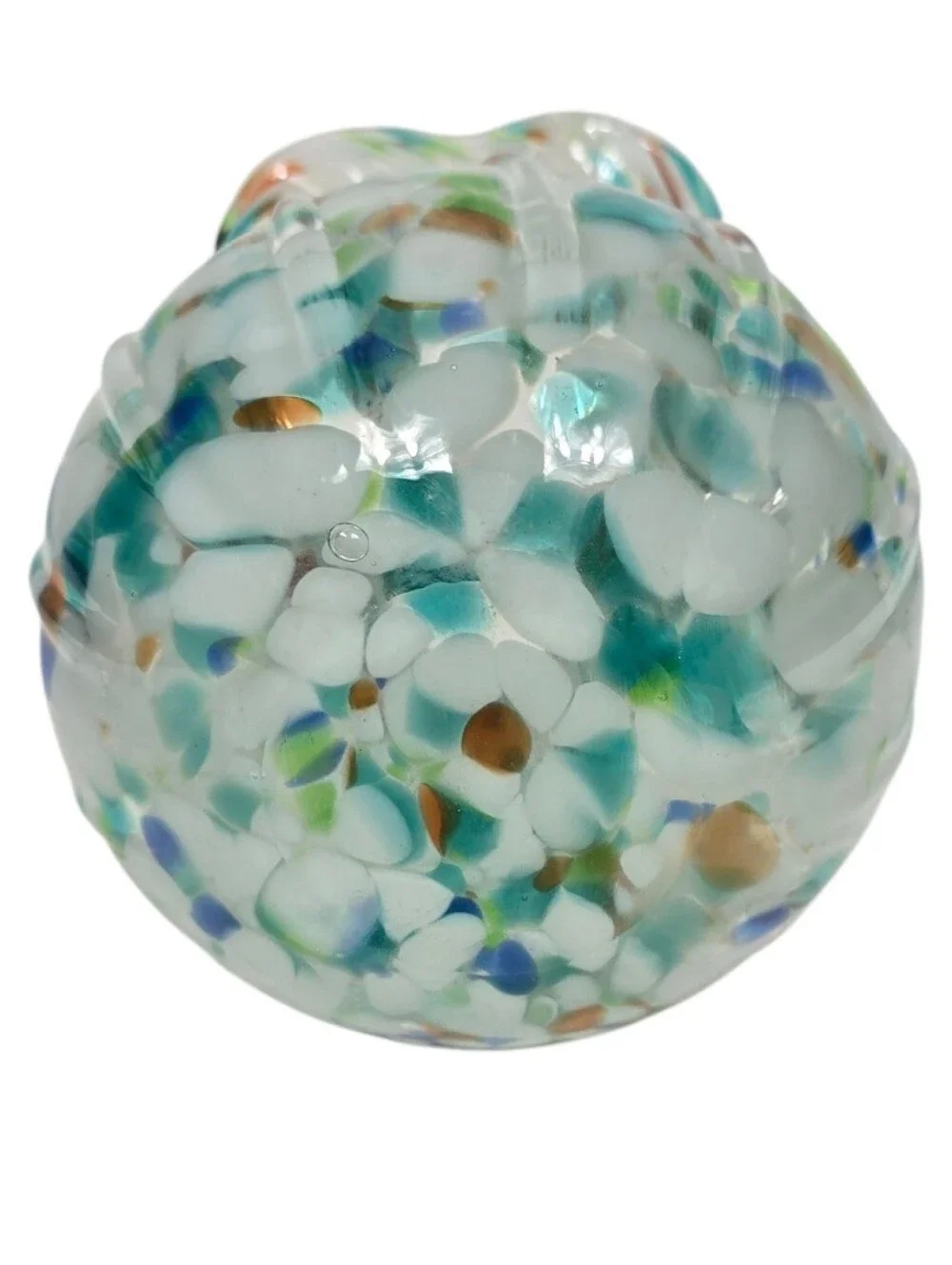 Hand Blown Art Glass Vase Ruffled Rim Confetti Frit Aqua Blue White 7.5